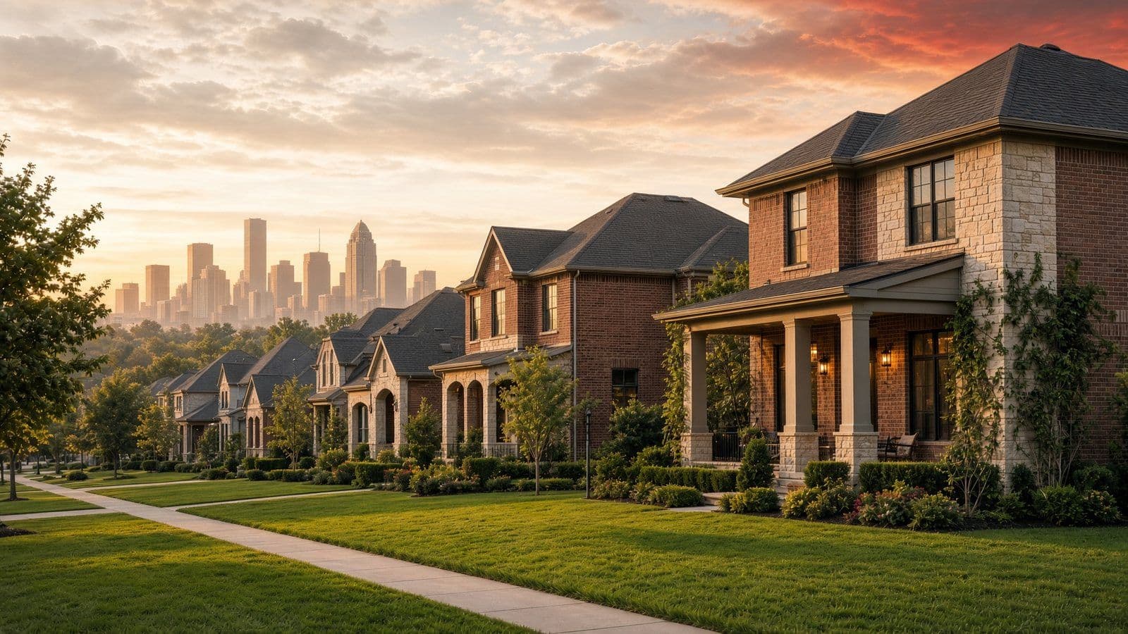 Houston homes with the skyline at dusk, illustrating a more balanced August 2026 housing market